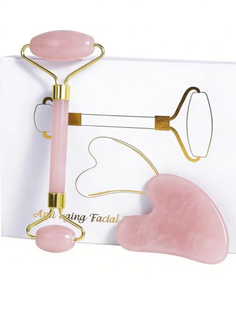 Rose Quartz Facial Roller and Gua Sha Set - Pink